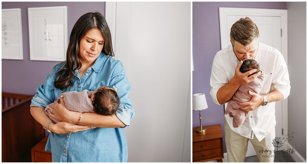 A mom and a dad snuggle their little one during their in home newborn session in OKC.