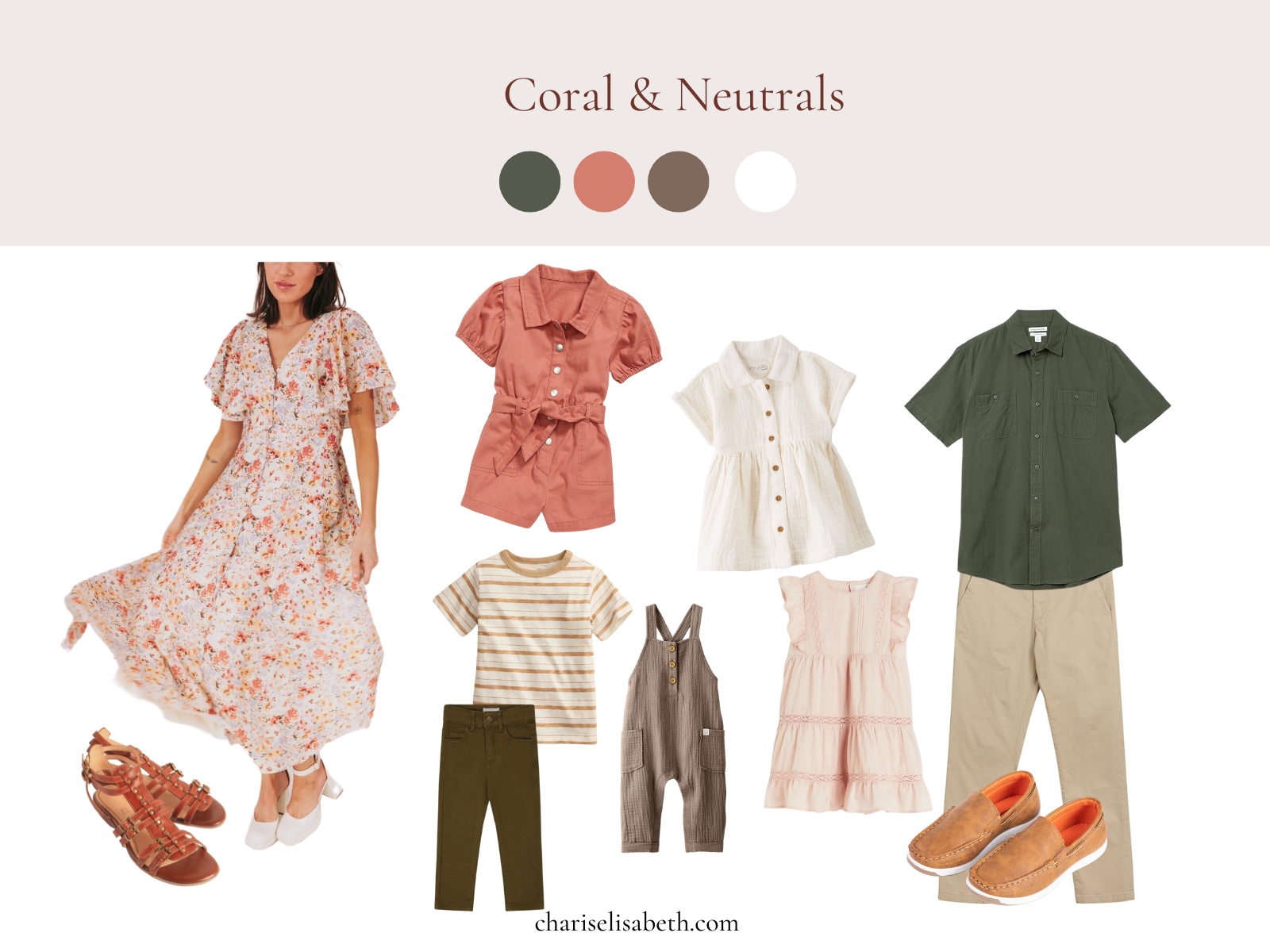 Ideas for what to wear in pinks and greens and neutrals for a summer photoshoot.