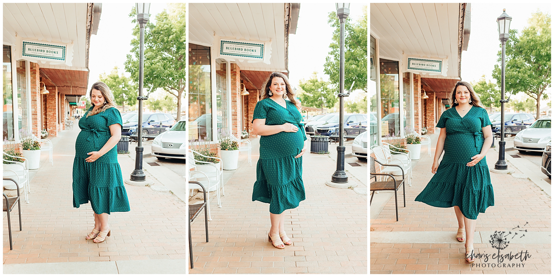 A pregnant mama in a green dress stands in downtown Edmond, OK.