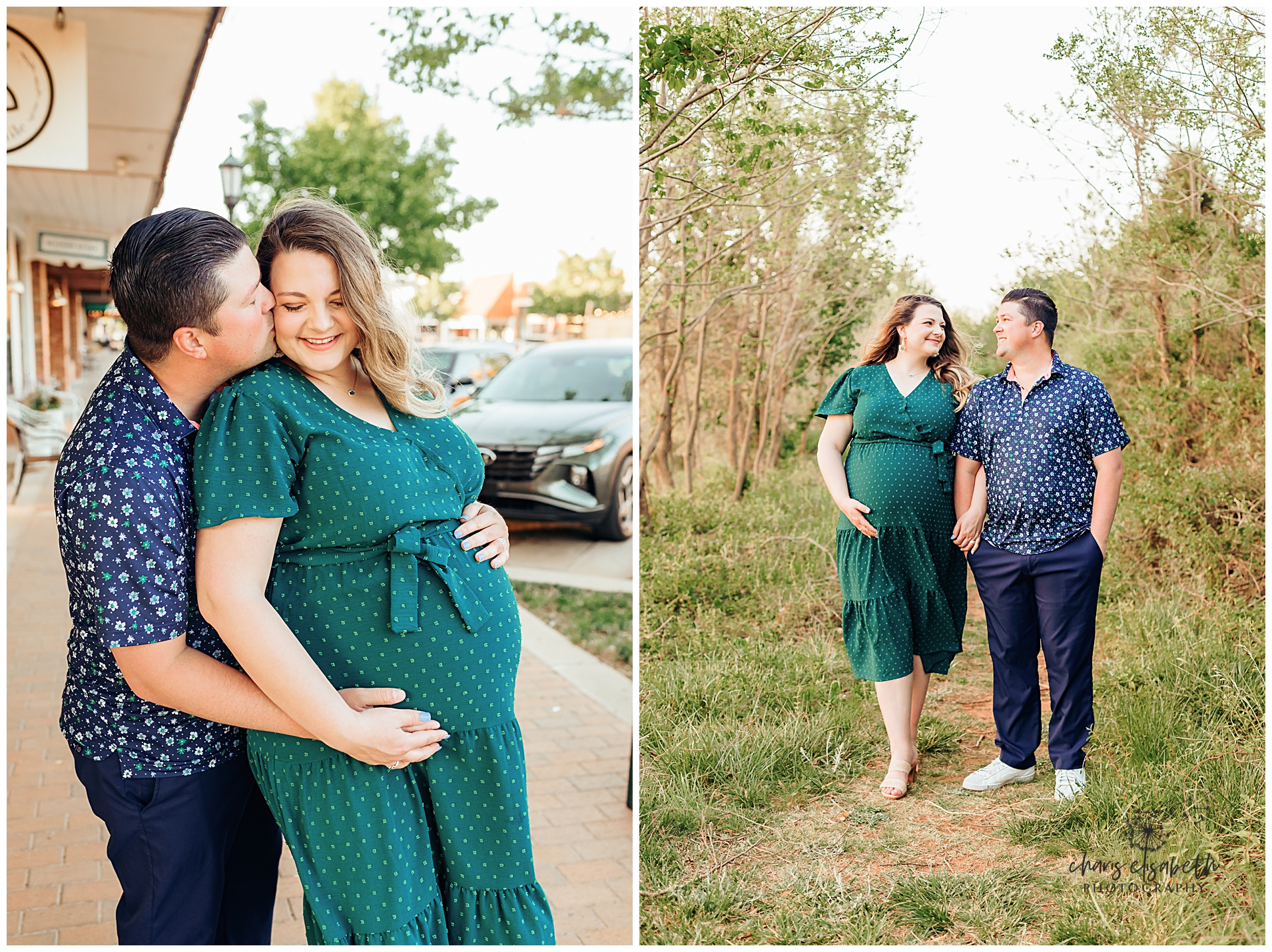 A couple takes their maternity photos in downtown Edmond, OK.