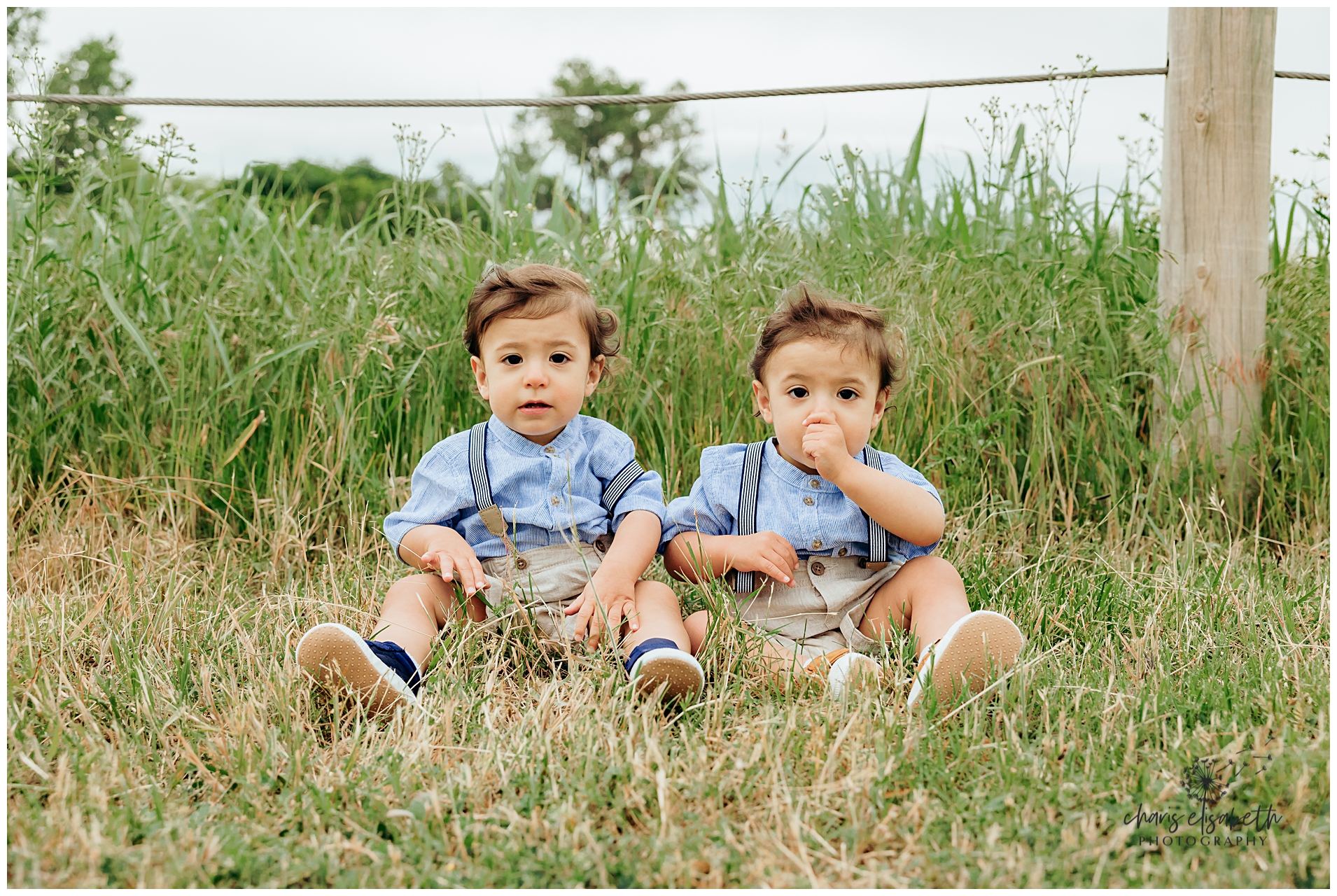 Twin boys in blue shirts sit in grass.