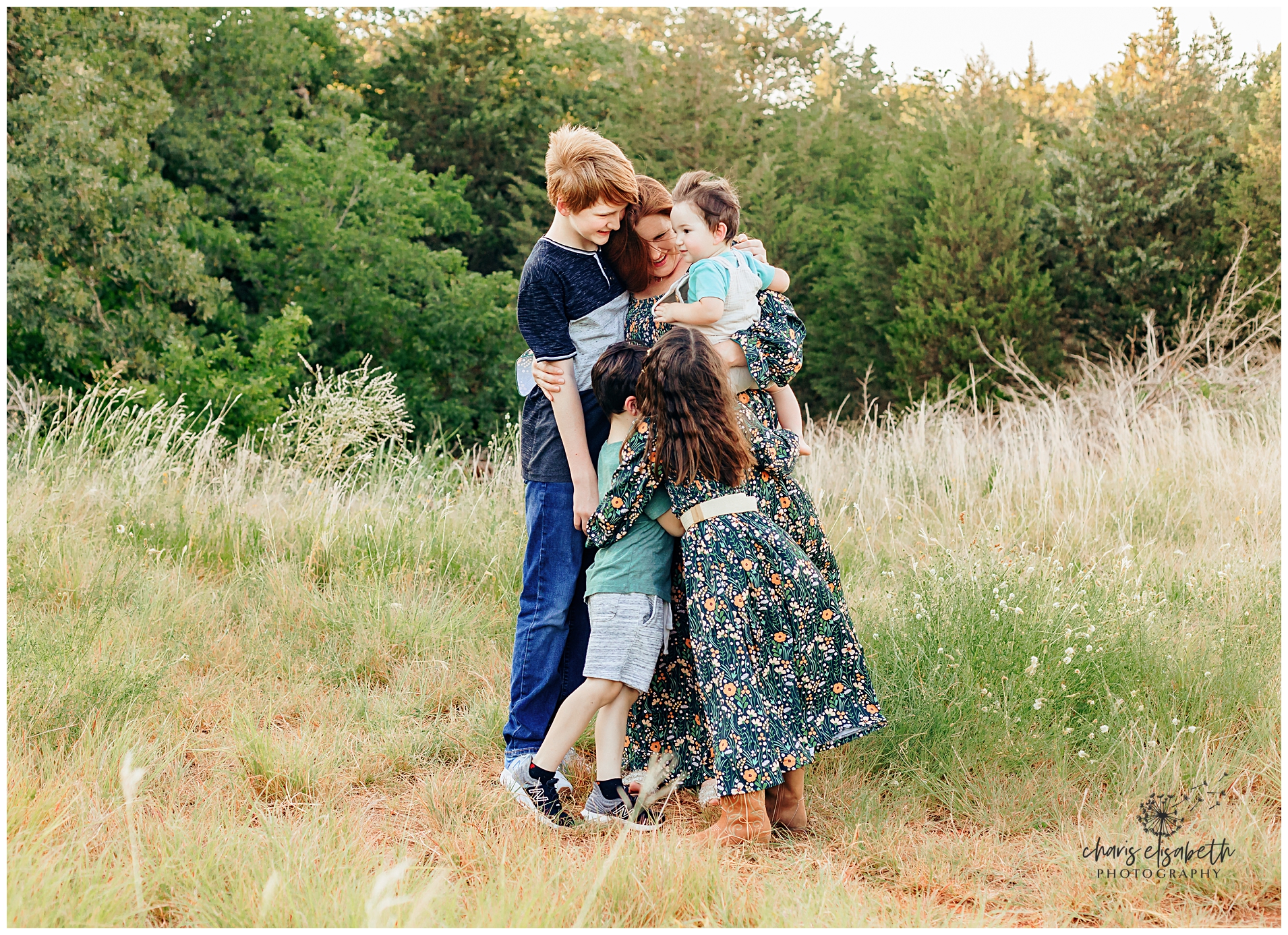 Kids hug their mom during the family photography session in Edmond, OK.