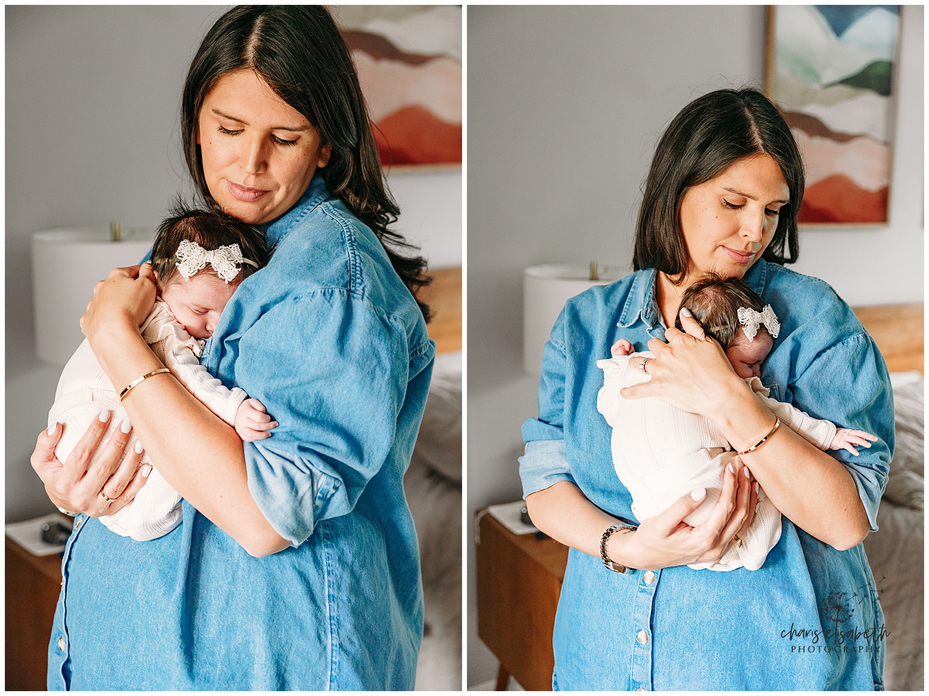 Mom holds newborn during photo session in OKC.