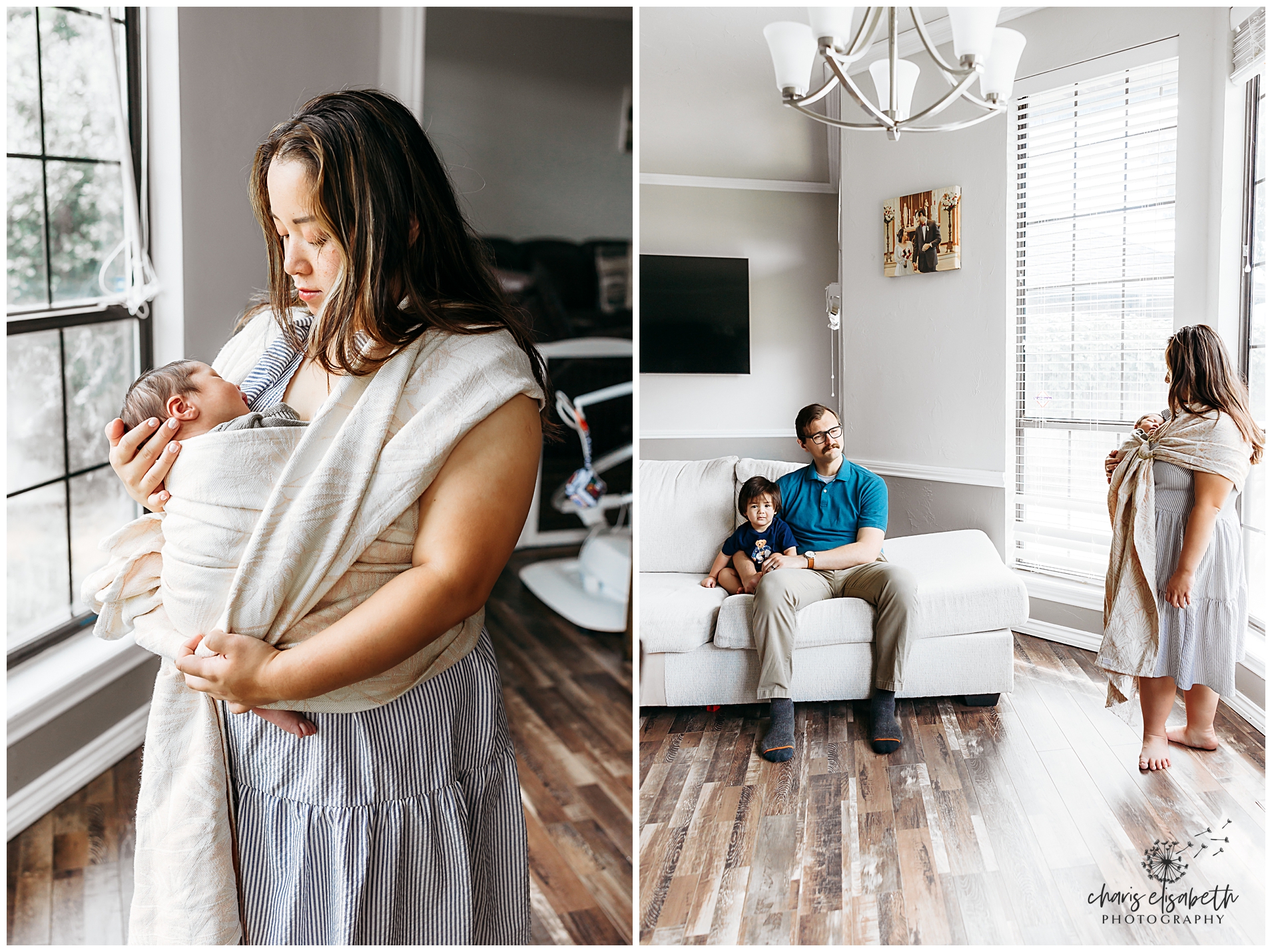 Mom with newborn and a picture in the living room.