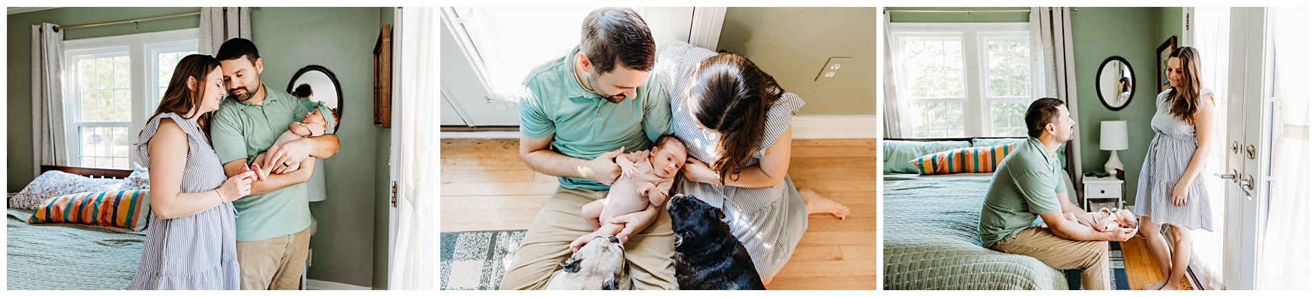 A photo of new parents, new baby and their poodle.