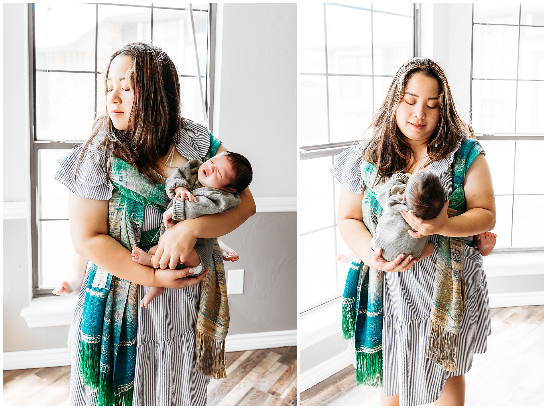 Mom wears baby during photos.