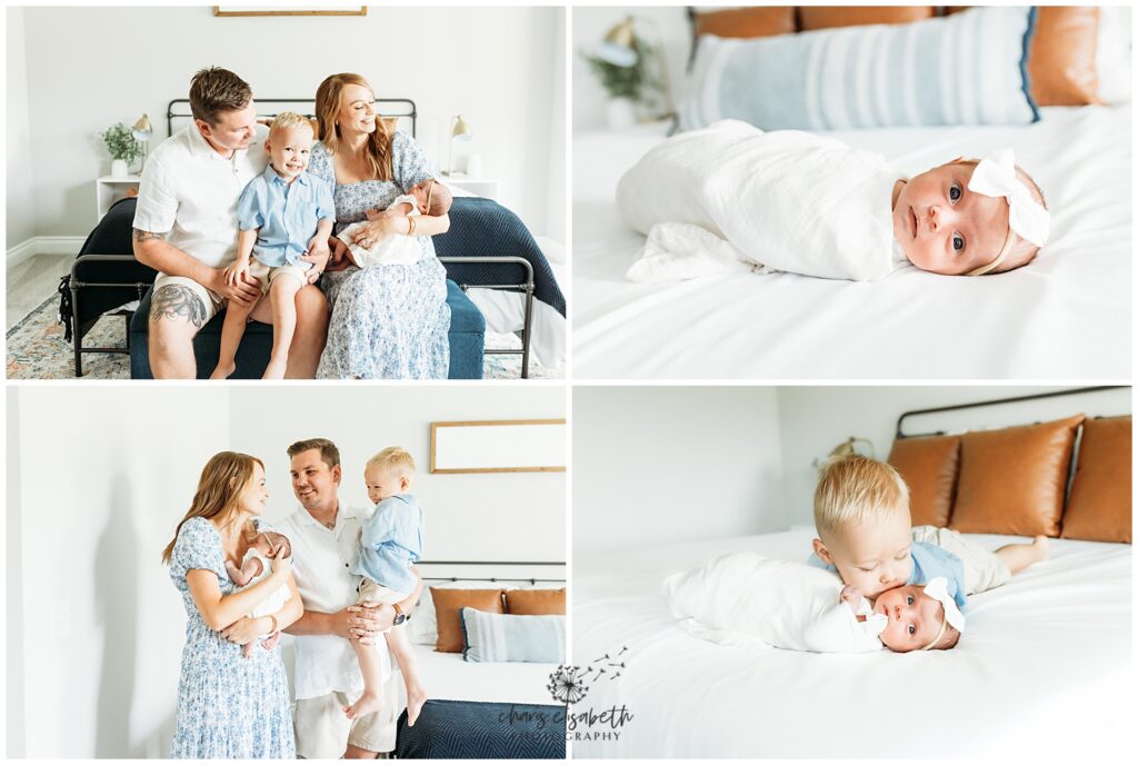 a series of photos of mom, dad, toddler and newborn during newborn photo session.