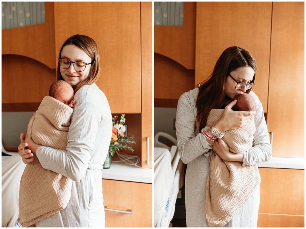 Mom snuggles newborn during Fresh 48 photo session.