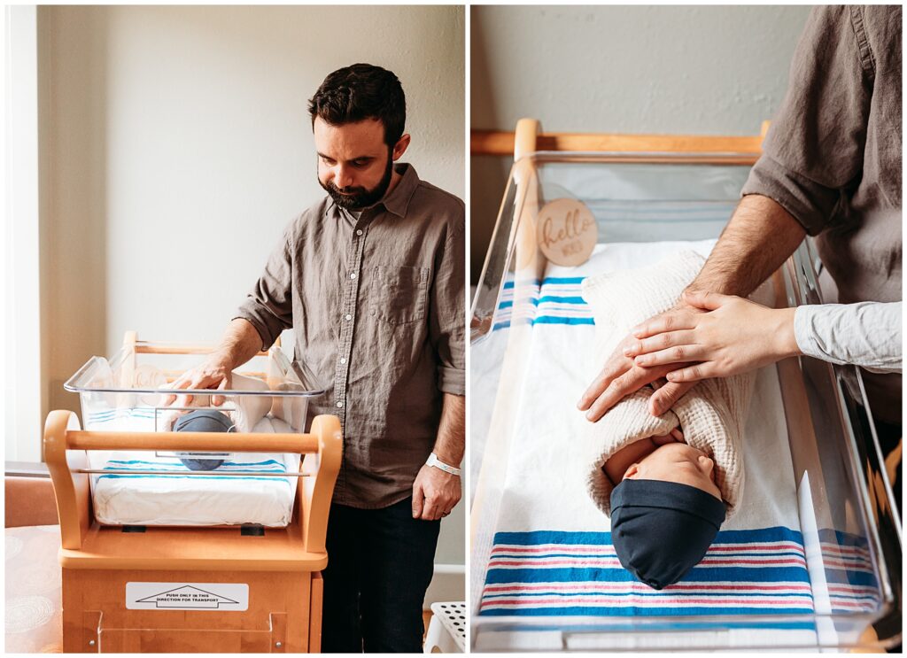 Dad looks at baby in bassinet during fresh 48 photos.