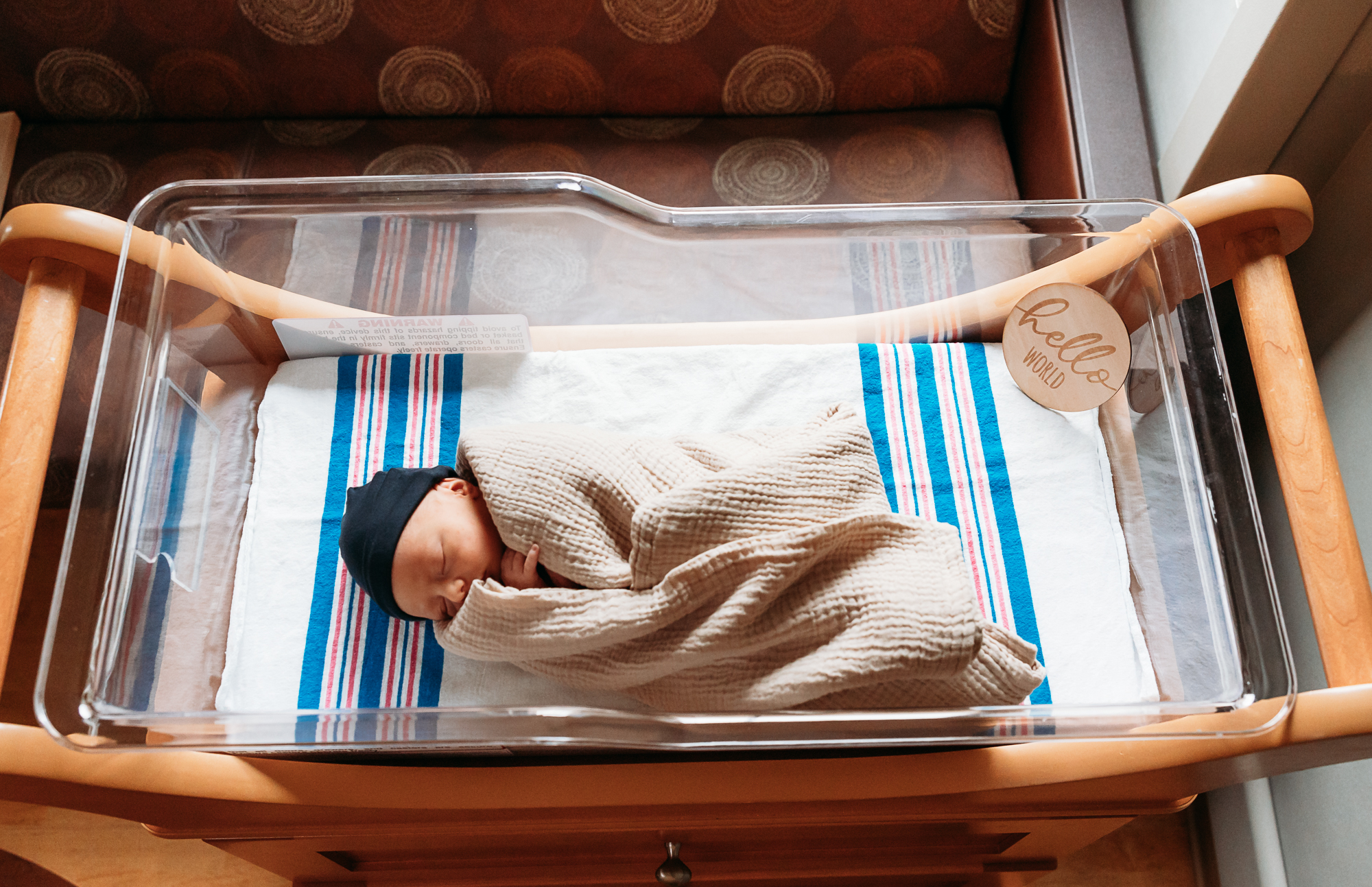 Baby lies in bassinet during photo session.